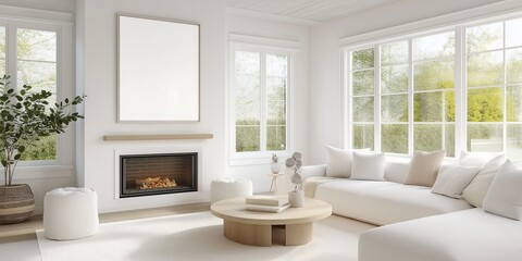 Mockup frame in farmhouse living room interior, 3d render