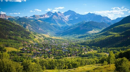 Obraz premium Small Town Nestled in a Serene Valley Surrounded by Majestic Mountains