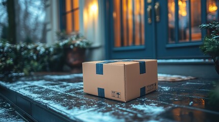 A delivery box sits on a home porch, representing ecommerce, online shopping, logistics, and commercial shipping with freight service and cardboard cargo.