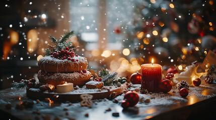 A warm kitchen scene with freshly baked Christmas cookies, rolling pins, and festive ingredients, captured in soft, inviting lighting.