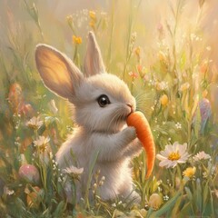 Little bunny nibbling on a carrot in a field of wildflowers nature scene high fidelity bright and cheerful environment