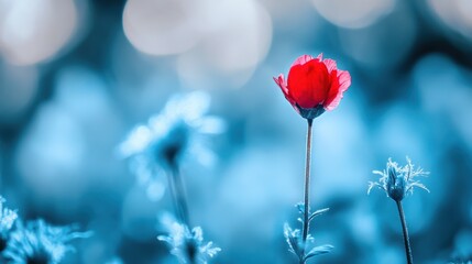 Fototapeta premium Single red flower blooms in a field of blurred blue flowers.