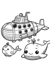Coloring book cute submarine with whale swim 