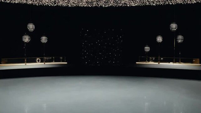 Camera dollies out revealing a black surface with gobo patterns against a dark background, creating an elegant ambiance perfect for product display, low key lighting adds mystery, highlighting the pro