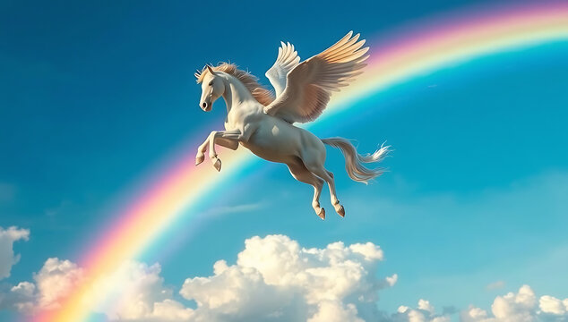 &ldquo;Pegasus Flying Above a Rainbow&rdquo; &ndash; A winged pegasus soaring gracefully above a vibrant rainbow in a clear blue sky, with soft clouds adding depth to the scene.
