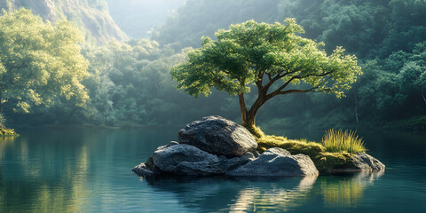 Fototapeta premium Solitary Tree Growing on Rock in Peaceful Lake