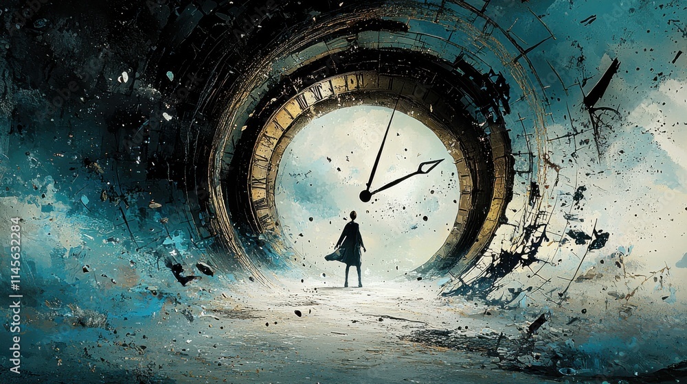 Aufkleber spinning clock hands signal movement forward surreal landscape conceptual art dreamlike environment 