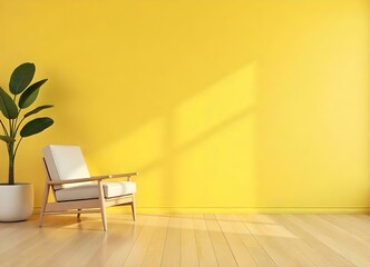 A minimalist living room with a white armchair and a wooden floor against a bright yellow wall