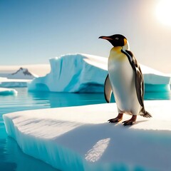 Obraz premium A lone penguin standing atop an iceberg, with reflections shimmering in the surrounding water.