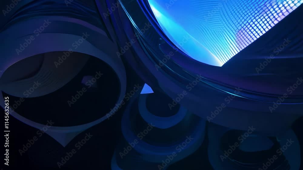 Poster camera tilts up to reveal an abstract dark space with iridescent colors, floating spirals, and pyram
