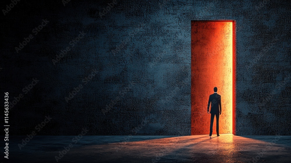 Poster a person walking through a door of light into a new concept mystical environment digital art illumin
