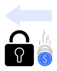 Black lock next to blue coins with dollar signs and a large white arrow pointing left. Ideal for finance, security, savings, investment, online banking, fraud prevention, data protection. Line