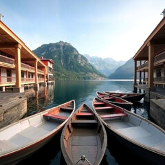 Rowboats moored in lake against mountains range
