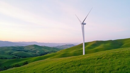 Single wind turbine on a green hilltop at sunset.