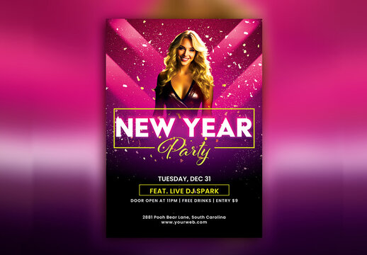 New Year Party Flyer or Poster with Modern Blonde Woman Photo.