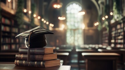 A graduation cap rests on stacked books in a grand library, with warm lighting and shelves filled with books, creating an inspiring scholarly atmosphere.