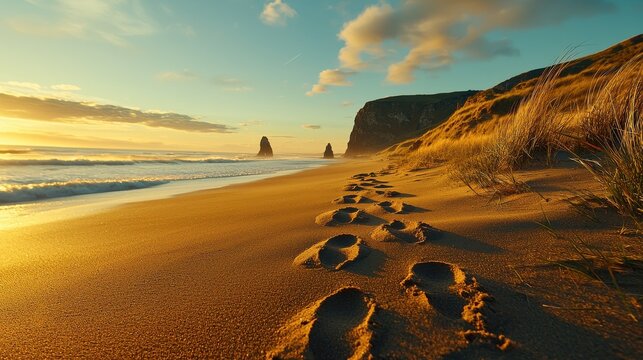 Footprints leading to the ocean a symbolic journey on the shoreline at sunset capturing nature's beauty