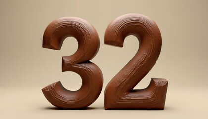 Wooden Number 32: A 3D Render of  Brown Wooden Numerals Thirty-Two