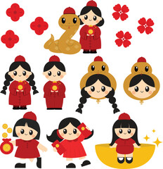 cute Chinese kids, Chinese New Year clip art, traditional Chinese outfit, gold snake illustration