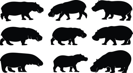 Hippopotamus silhouette vector set in some of different style using black color illustration design
