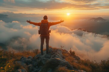 Fototapeta premium A person standing on a mountaintop with arms outstretched, symbolizing triumph and success
