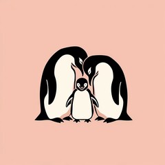 Minimalist outline of a penguin family huddling together, set against a solid pastel background.