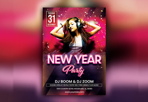New Year Party Flyer or Poster with Young Woman Dancing in Headset and Event Details.