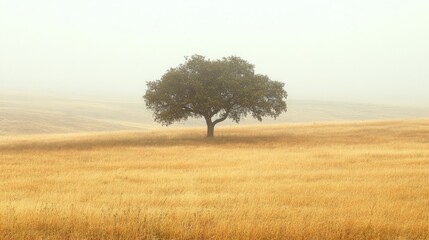 Solitary Oak Tree Standing Alone in a Misty Landscape