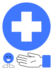Cross in blue circle, smiling face, and outstretched hand. Ideal for healthcare, assistance, support, help, communication positivity wellness. Line metaphor