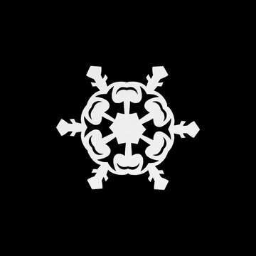 Modern paper cut snowflake silhouette isolated on black background. Unique hand carved snowflake ornament with rounded shapes for Christmas craft and winter holiday New Year decoration. Stencil