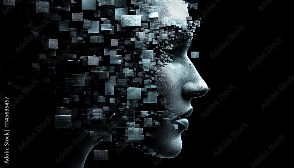 Poster abstract fragmented digital face made of floating cubes, representing ai and technological breakthro