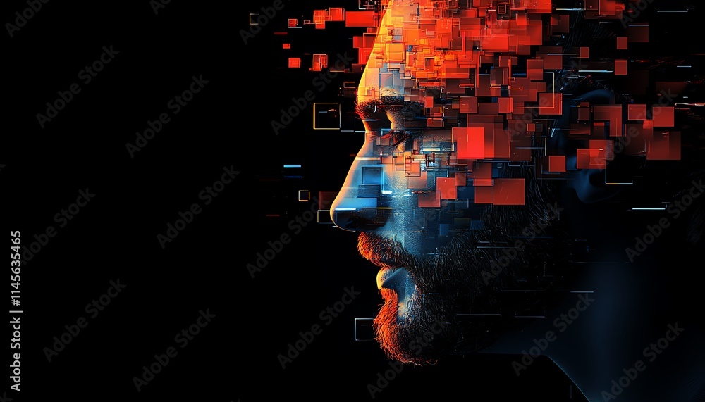 Poster abstract fragmented digital face made of floating cubes, representing ai and technological breakthro