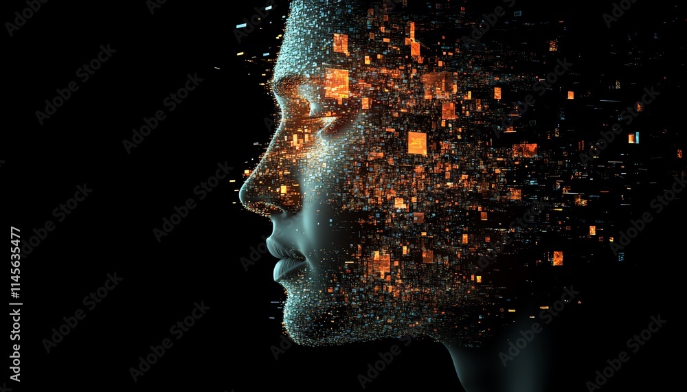 Poster abstract fragmented digital face made of floating cubes, representing ai and technological breakthro