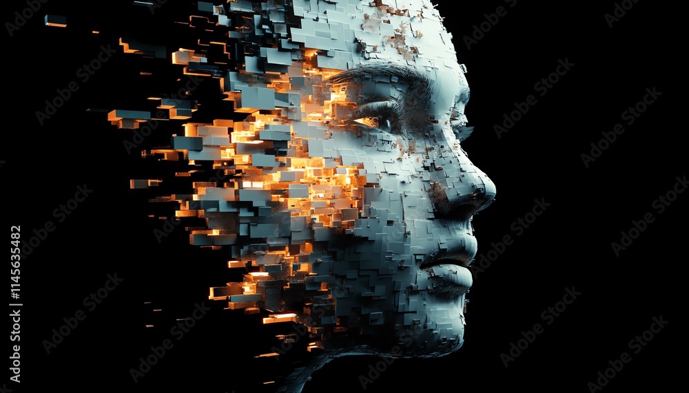 Poster abstract fragmented digital face made of floating cubes, representing ai and technological breakthro