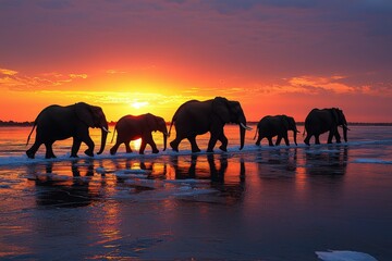Fototapeta premium Majestic elephants silhouetted against a vibrant sunset, traversing a tranquil river. A breathtaking African wildlife scene.