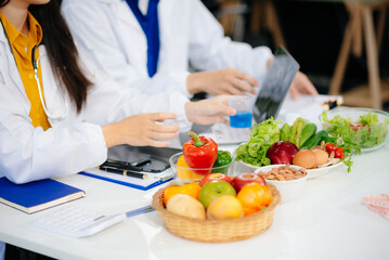 Doctors sharing fresh vegetables, promoting health and nutrition. Ideal for wellness, healthcare, and science themes.