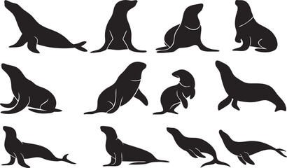 Seal silhouette vector set in some of different style using black color illustration design