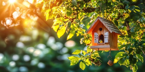 Charming Birdhouse in Lush Green Tree Sunny Day