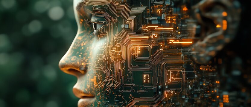 Closeup of a circuit board with a copperetched human head design, highlighting the connection between artificial intelligence and humanmachine integration