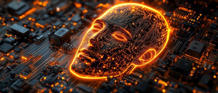 Closeup of a circuit board with a copperetched human head design, highlighting the connection between artificial intelligence and humanmachine integration