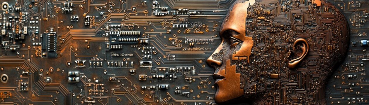 Closeup of a circuit board with a copperetched human head design, highlighting the connection between artificial intelligence and humanmachine integration