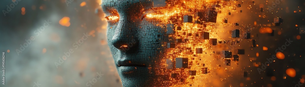 Poster closeup of a fragmented digital face made of floating cubes, representing ai and technological evolu