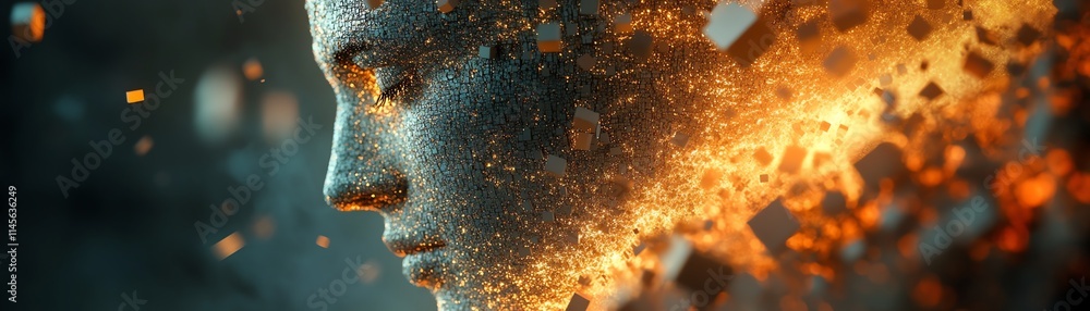 Poster closeup of a fragmented digital face made of floating cubes, representing ai and technological evolu
