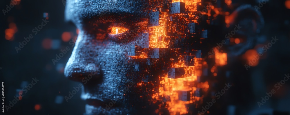 Poster closeup of a fragmented digital face formed by cubes, symbolizing artificial intelligence, with glow