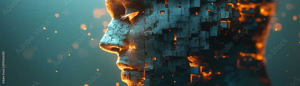 Poster closeup of a fragmented digital face made of floating cubes, representing ai and technological evolu
