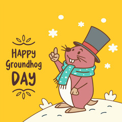 Happy groundhog day spring awaits lettering template. Cartoon vector illustration.