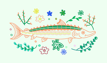 Oceanic grace stylish fish illustration. Flowing fins artistic fish vector.