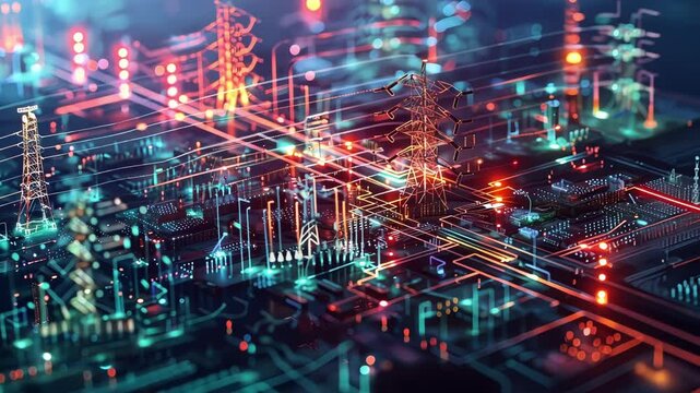Complex network of power lines and electrical infrastructure visualized as a futuristic technological landscape, representing smart grids and advanced energy management systems