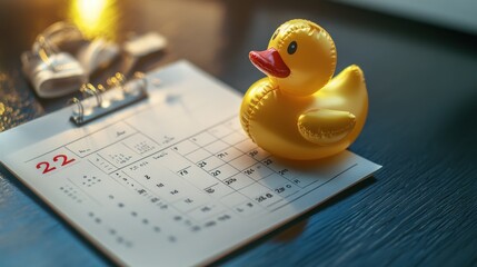 Yellow rubber duck on a calendar, near baby booties.