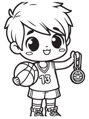 coloring page cute boy with ball and medal